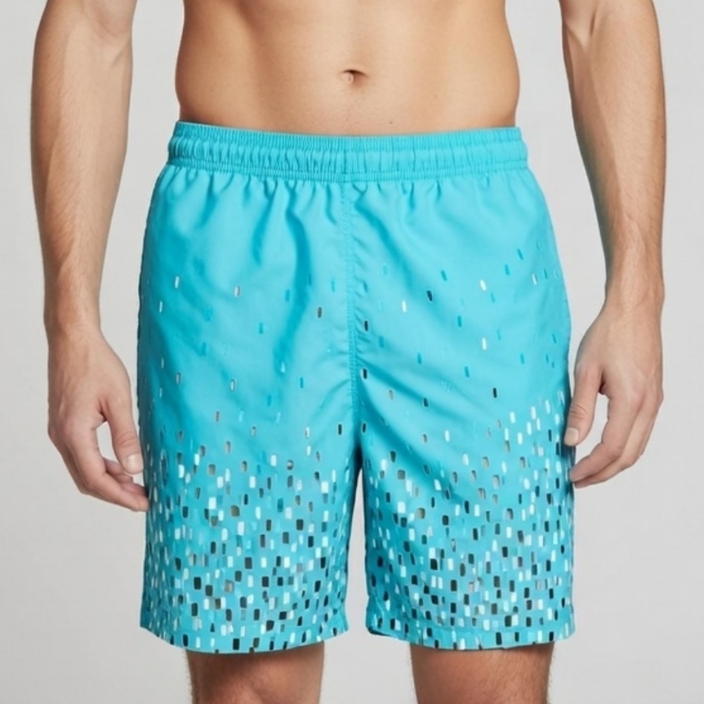 Men's Turquoise Pixel Mosaic Swim Trunks Shorts Size XXL Elastic Waist Lined